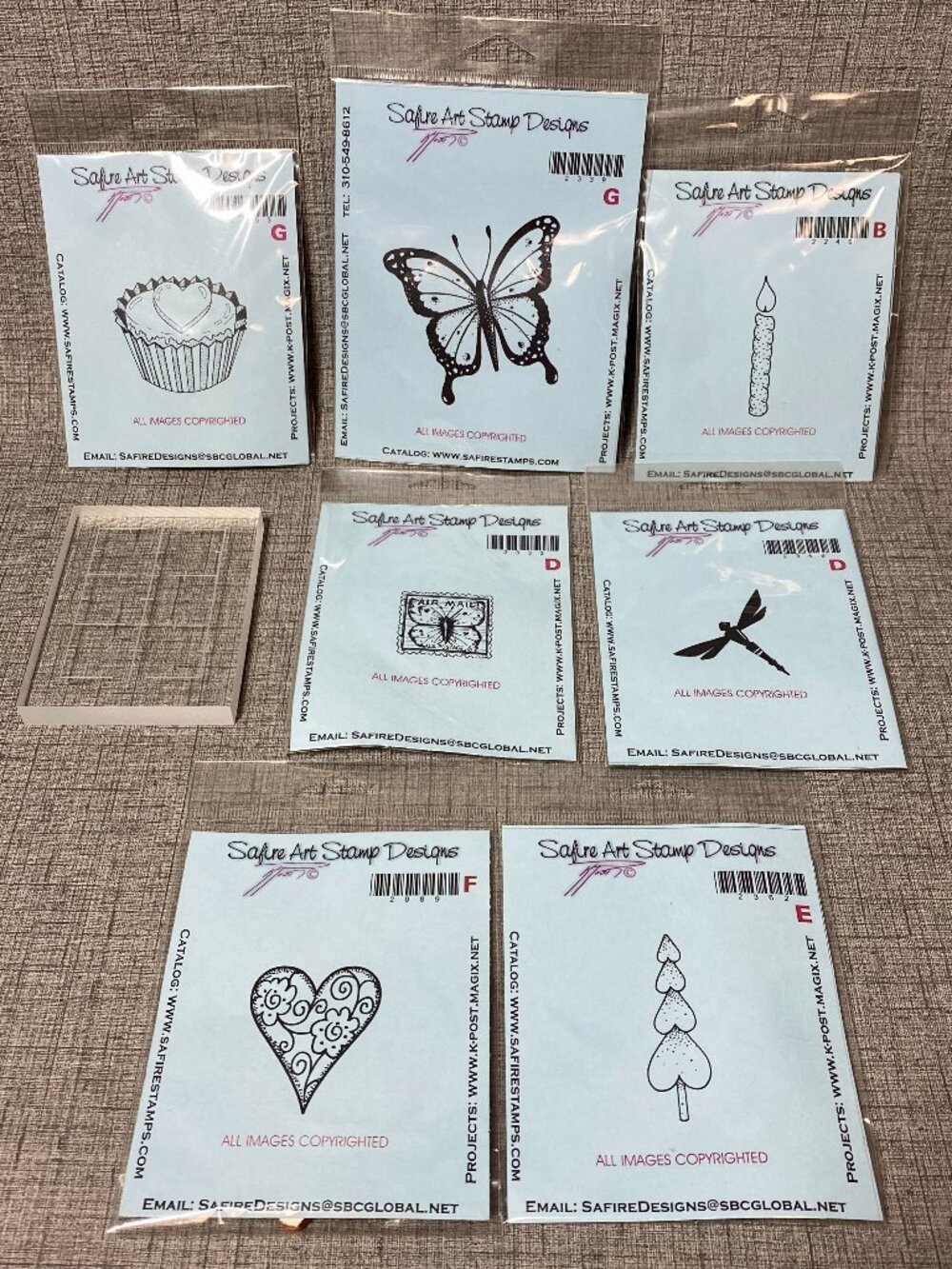 UNIQUE VTG Rubber Stamps Safire Designs & Acrylic Block 8pc Lot NEW OLD STOCK